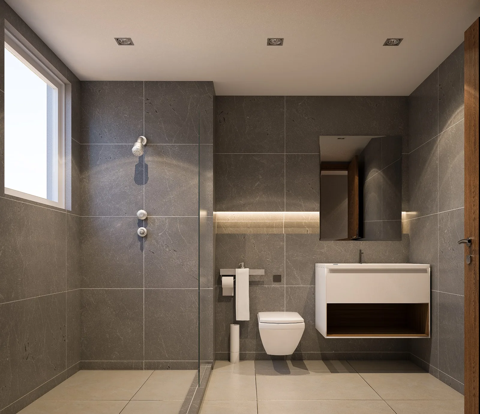 Sunstone Apartments bathroom with grey tiles, glass shower partition, wall-hung toilet and floating vanity beneath a mirror.