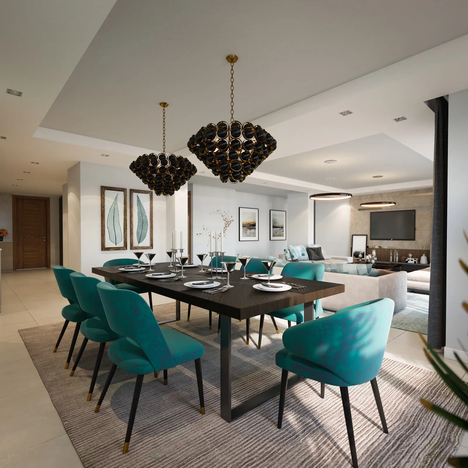 Sunstone Apartments dining area with teal chairs, a set table, pendant lights and an adjoining lounge.