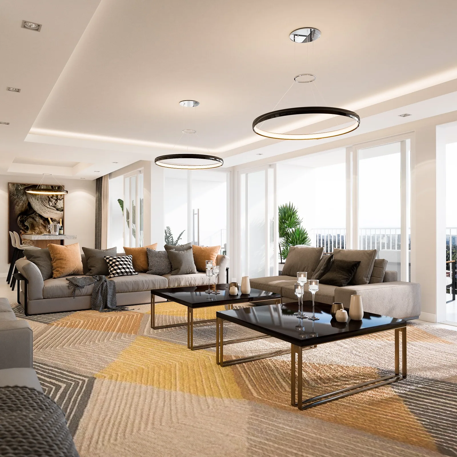 Living room at Sunstone Apartments with grey sofas, black coffee tables and circular pendant lights.