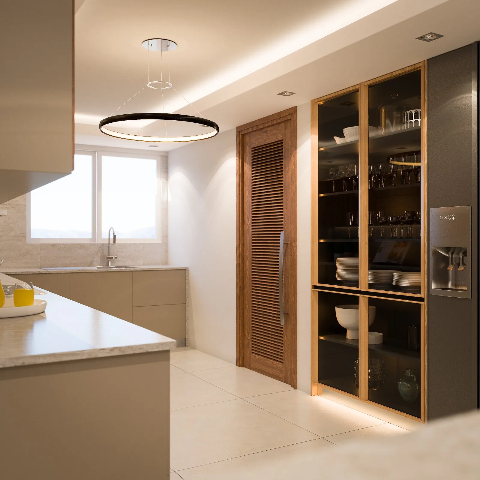 Kitchen at Sunstone Apartments with glass-front cabinets, a circular pendant light and a sink beneath the window.
