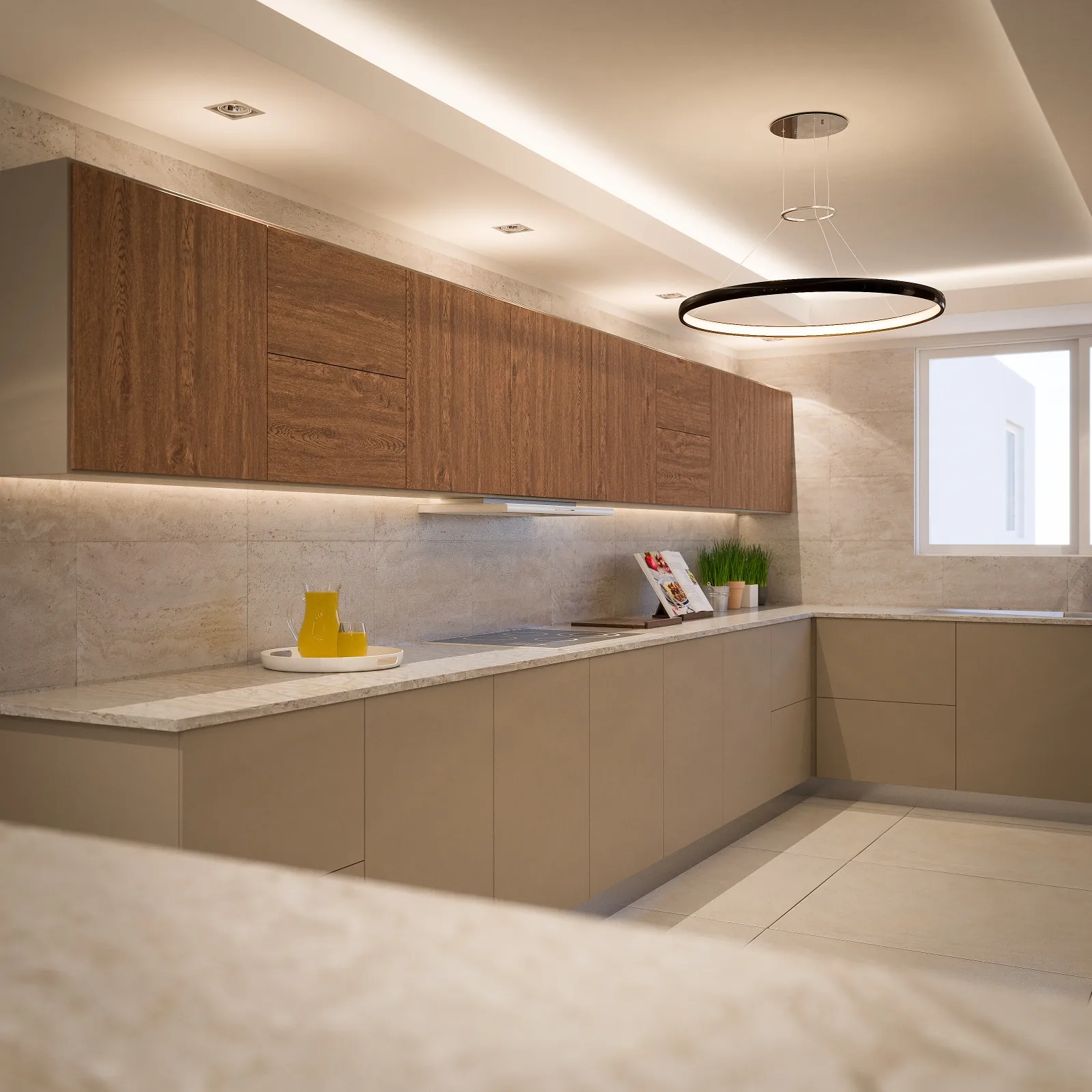 Kitchen at Sunstone Apartments with wood-grain upper cabinets, pale countertops, a built-in hob and circular pendant light.