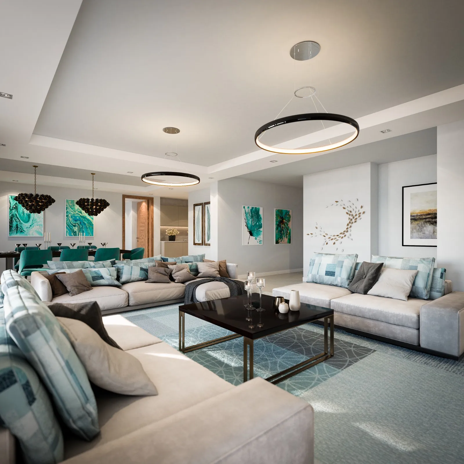 Sunstone Apartments living and dining area with light grey sofas, teal chairs and circular pendant lights.