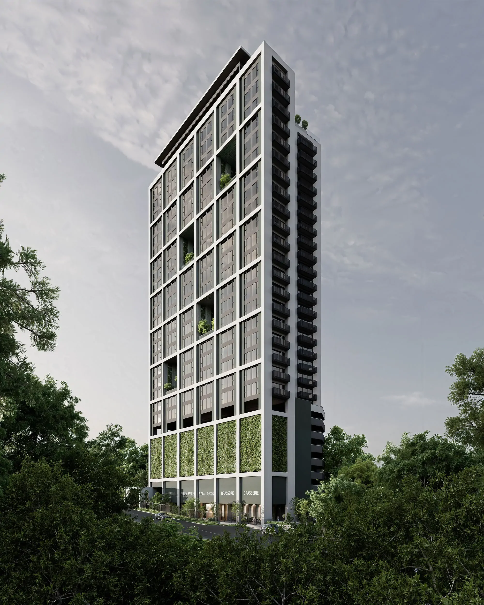 Terreno Apartments high-rise rendering on Riverside Drive, with white framing, dark balconies and recessed greenery.