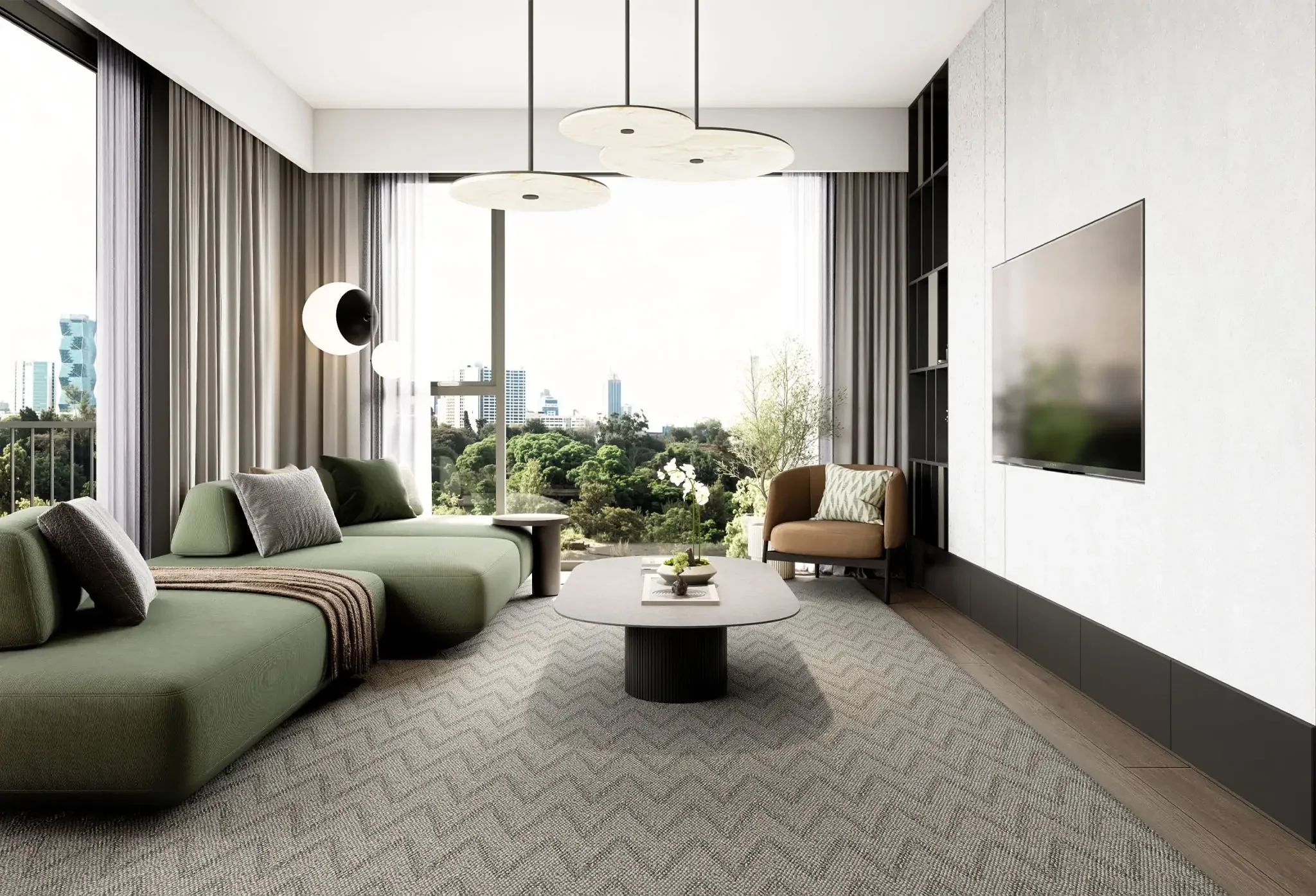Living room rendering at Terreno Apartments with green seating, circular pendant lights and large windows.