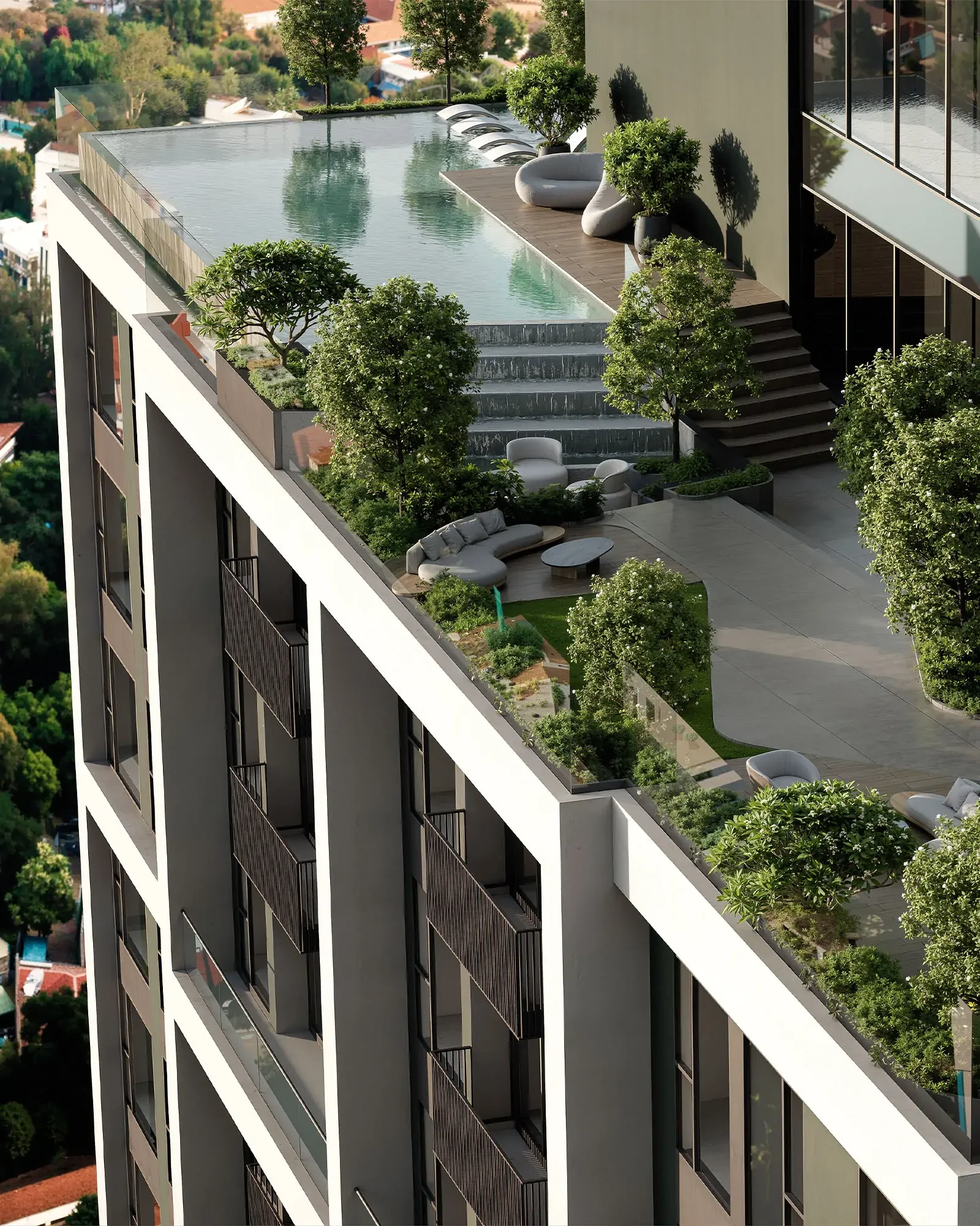 Rendering of Terreno Apartments’ rooftop infinity pool with landscaped terraces, trees and outdoor seating.