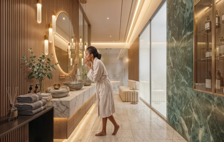 Terreno Apartments vanity area rendering with vessel sinks, illuminated mirrors and a woman in a bathrobe.