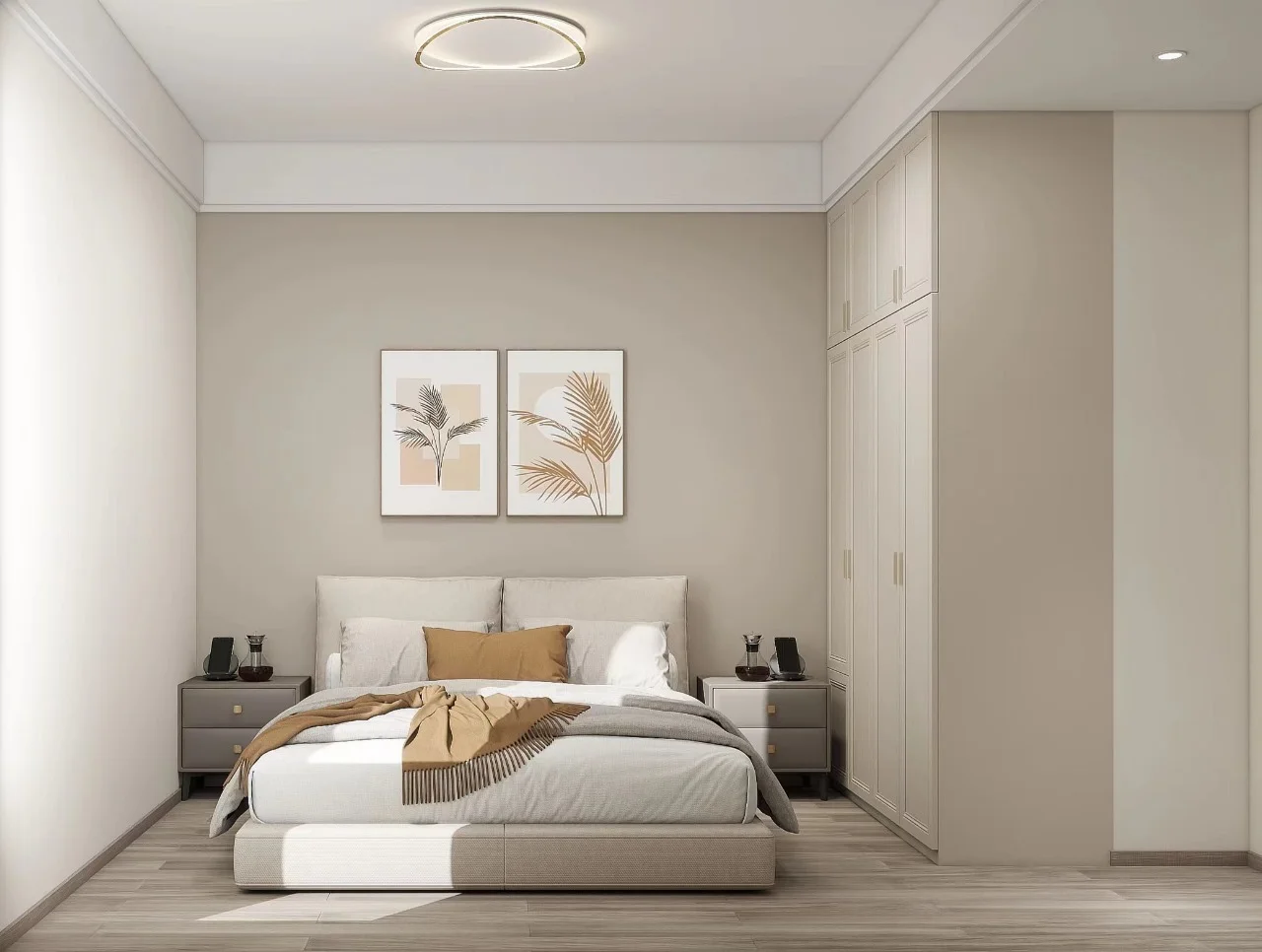 Bedroom rendering at The Vesper Residency, Westlands, with an upholstered bed, fitted wardrobes and botanical prints.