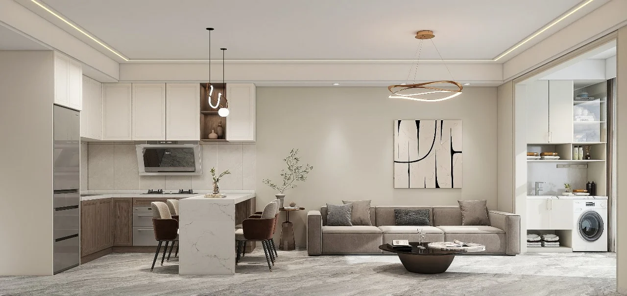 The Vesper Residency, Westlands, interior rendering with an open-plan kitchen, breakfast bar and grey sofa.