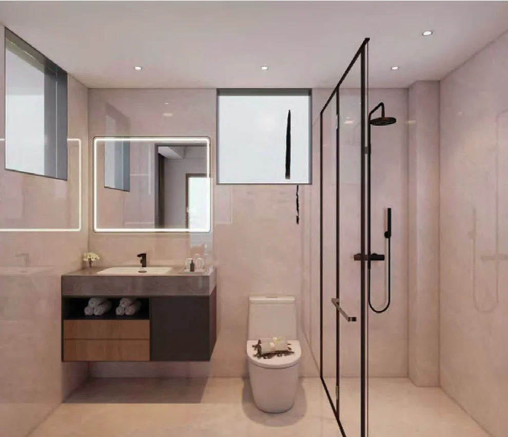 Bathroom rendering at Ubora Living, Westlands, with a floating vanity, illuminated mirror, toilet and glass-enclosed shower.