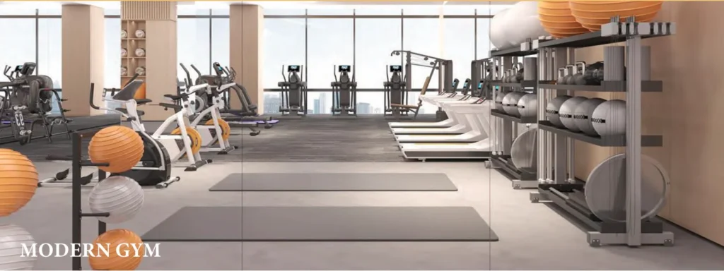 Gym rendering at Ubora Living, Westlands, with treadmills, stationary bikes, exercise balls and floor mats.