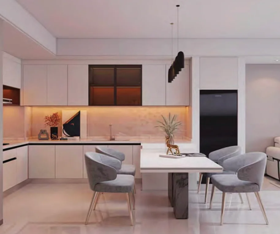 Kitchen and dining area rendering at Ubora Living, Westlands, with white cabinetry and grey upholstered chairs.