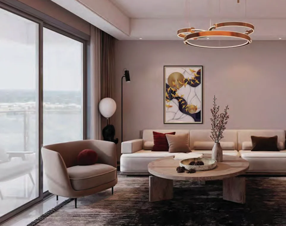 Living room rendering at Ubora Living with cream seating, an oval coffee table and sliding glass doors.