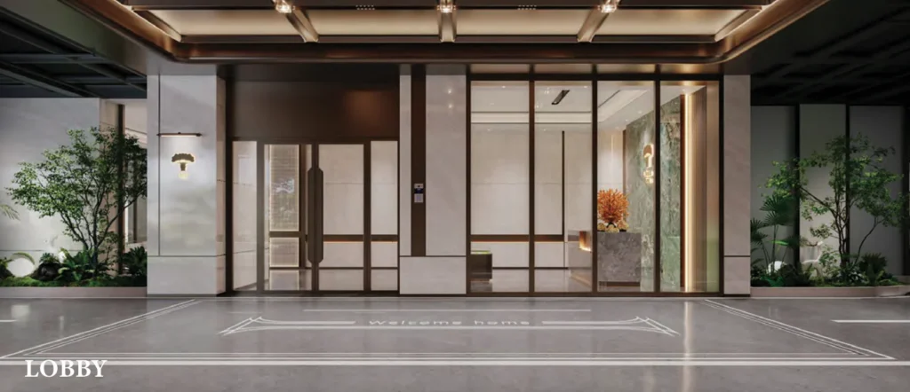 Ubora Living lobby entrance rendering in Westlands, with glass doors and planted beds on both sides.