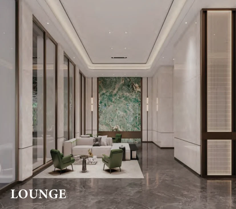 Lounge rendering at Ubora Living, Westlands, with green armchairs, pale sofas and tall windows.