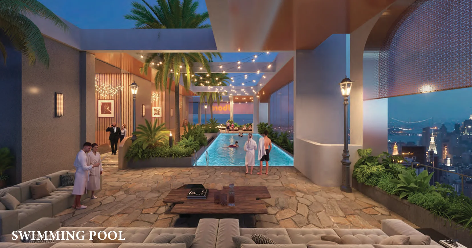 Swimming pool rendering at Ubora Living, Westlands, with lounge seating, palm trees and overhead string lights.