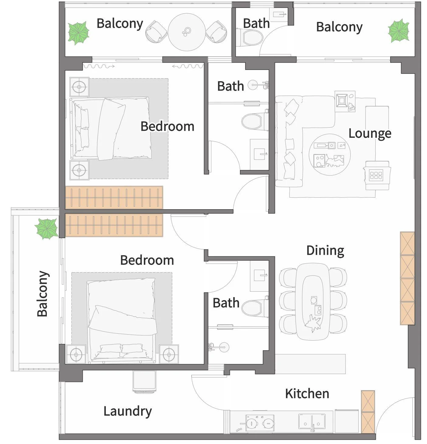 Upper Hill two-bedroom apartment floor plan showing balconies, ensuite bathrooms, lounge, dining area, kitchen and laundry.