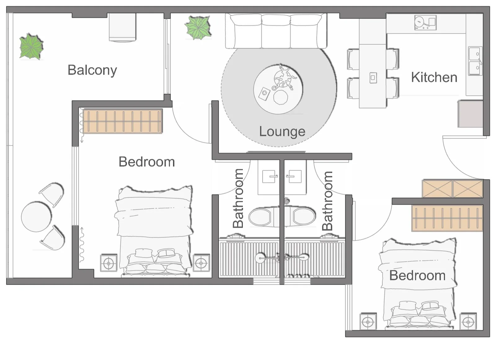 Two-bedroom apartment floor plan in Upper Hill, showing two bathrooms, a balcony, lounge and kitchen.
