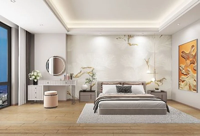 Bedroom rendering with a double bed, vanity and round mirror at Versailles Garden II, Kileleshwa.