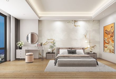 Bedroom rendering at Versailles Garden II, Kileleshwa, with an upholstered bed, vanity and round mirror.