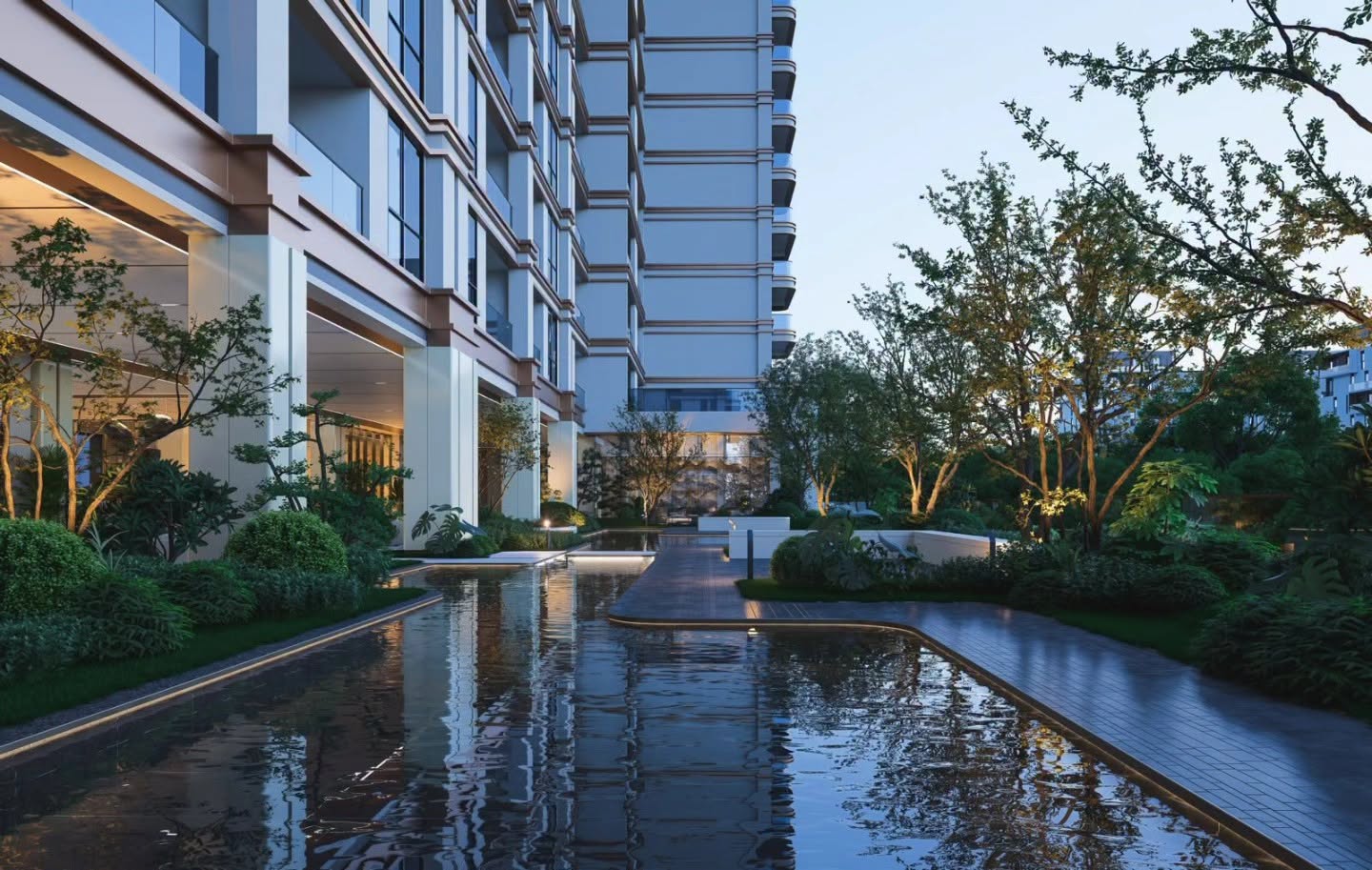 Landscaped courtyard rendering at Versailles Garden II, Kileleshwa, with a water feature, trees and walkways beside apartments.
