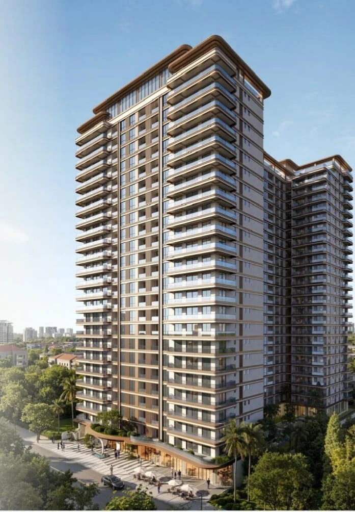Exterior rendering of Versailles Garden II in Kileleshwa, showing high-rise apartments with stacked balconies and surrounding trees.