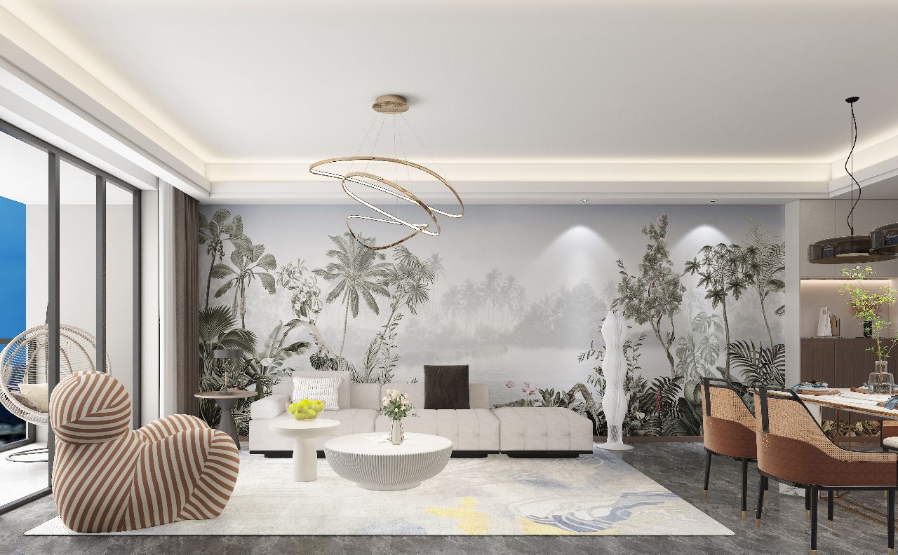 Living and dining room rendering at Versailles Garden II, Kileleshwa, with a botanical mural and striped armchair.