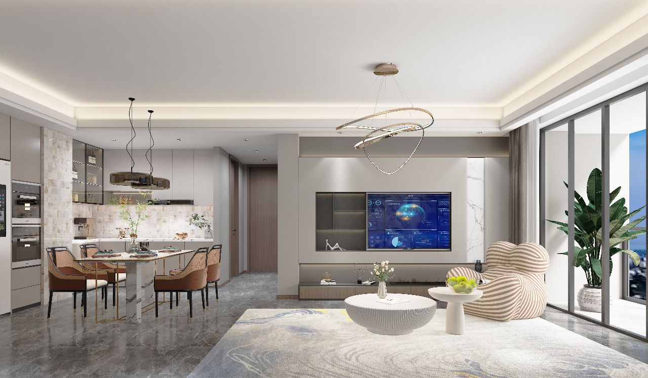Rendered open-plan living area with striped armchair, dining table and kitchen at Versailles Garden II, Kileleshwa.
