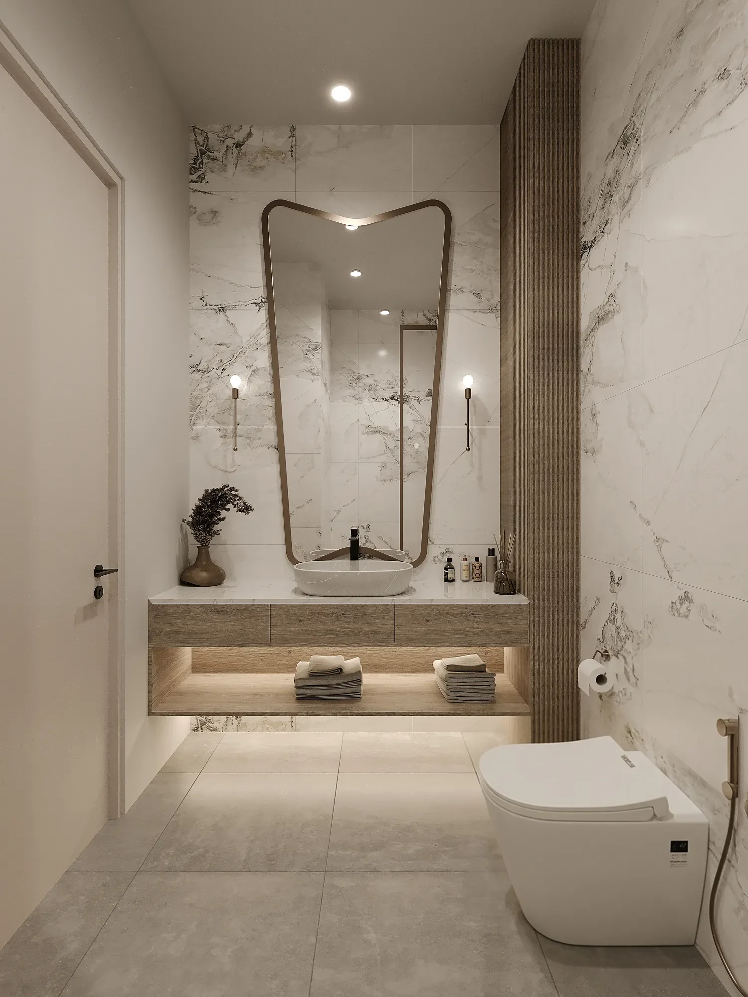 Bathroom at Zephyr Apartments, Westlands, with a floating vanity, vessel sink, tall mirror and marble-effect wall tiles.