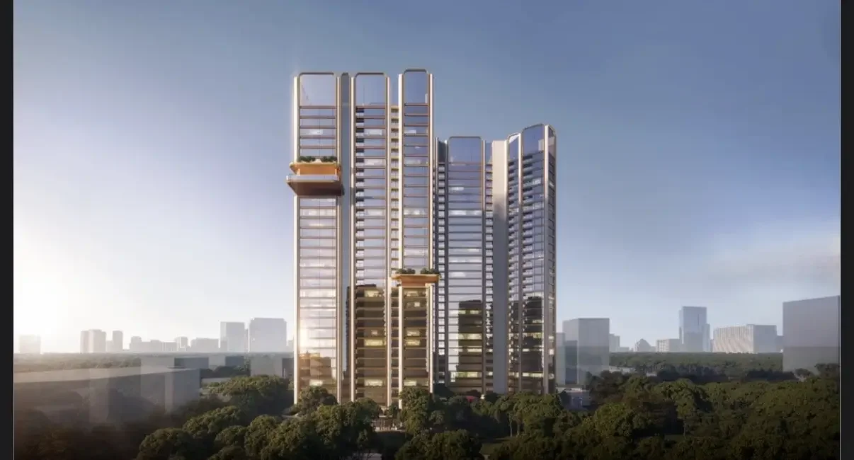 Exterior rendering of Zephyr Apartments in Westlands, showing high-rise towers, planted terraces and surrounding trees.